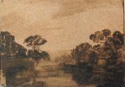 REMBRANDT Harmenszoon van Rijn River with Trees on its Embankment at Dusk oil